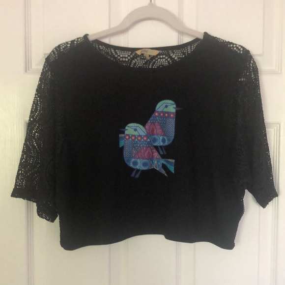 Black Cropped Top with Birds - Picture 1 of 4